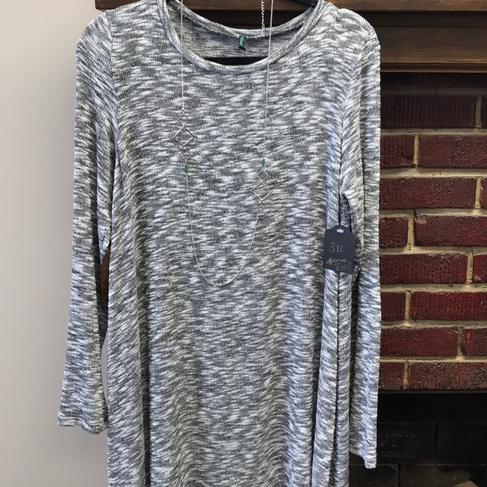 Gray and White Tunic with Brown Elbow Patches